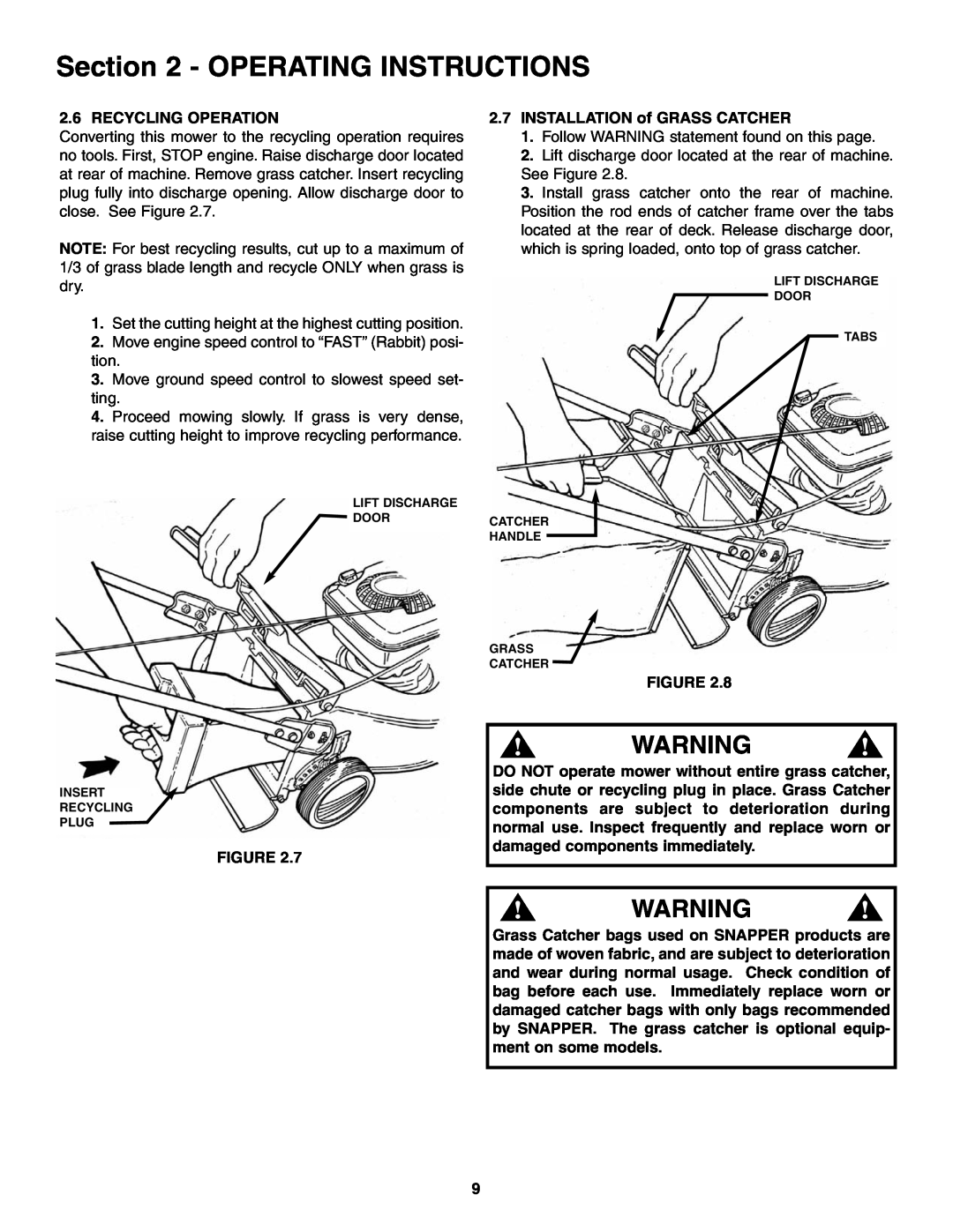 Snapper ELP216753BDV specifications Operating Instructions, Recycling Operation 
