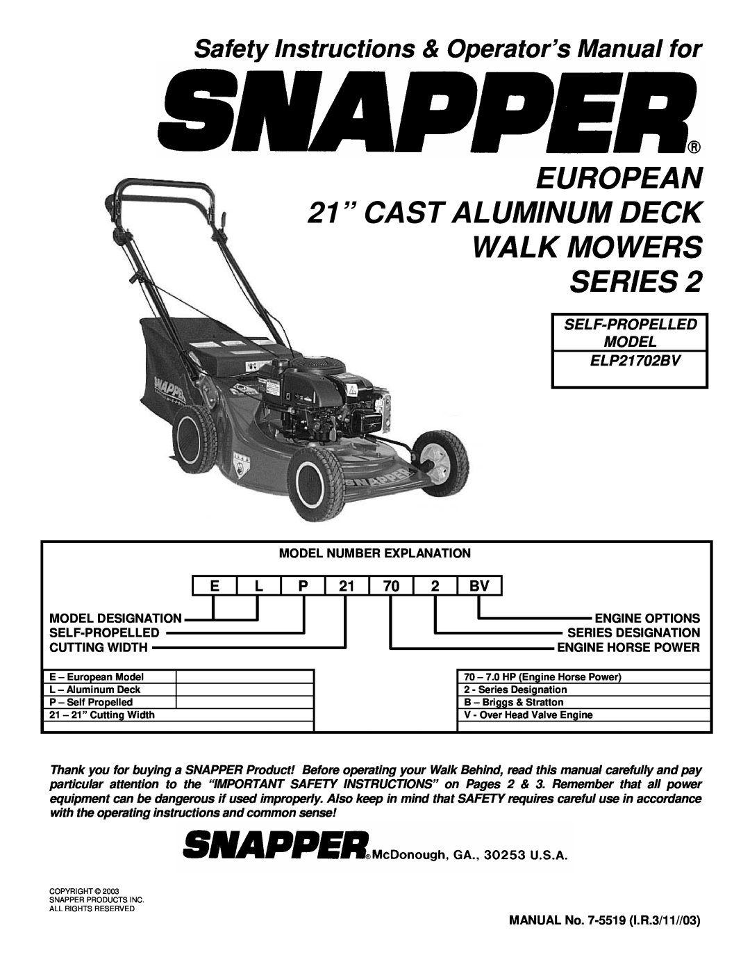 Snapper ELP21702BV important safety instructions Safety Instructions & Operator’s Manual for 