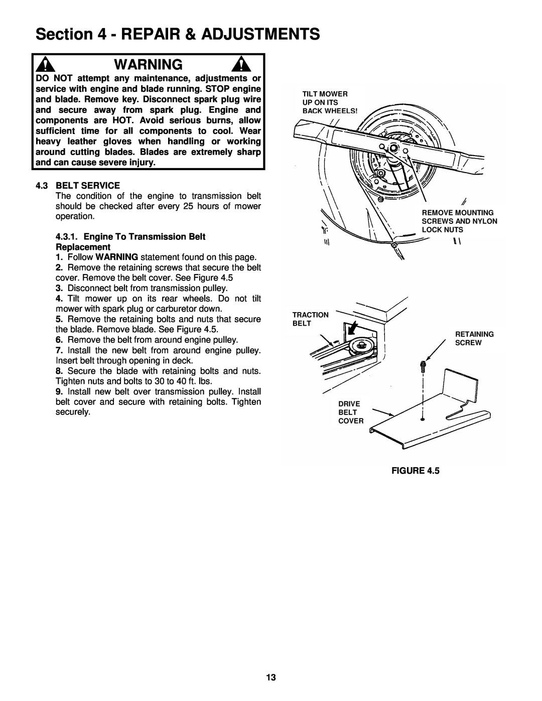 Snapper ELP21702BV important safety instructions Repair & Adjustments, 4.3BELT SERVICE 