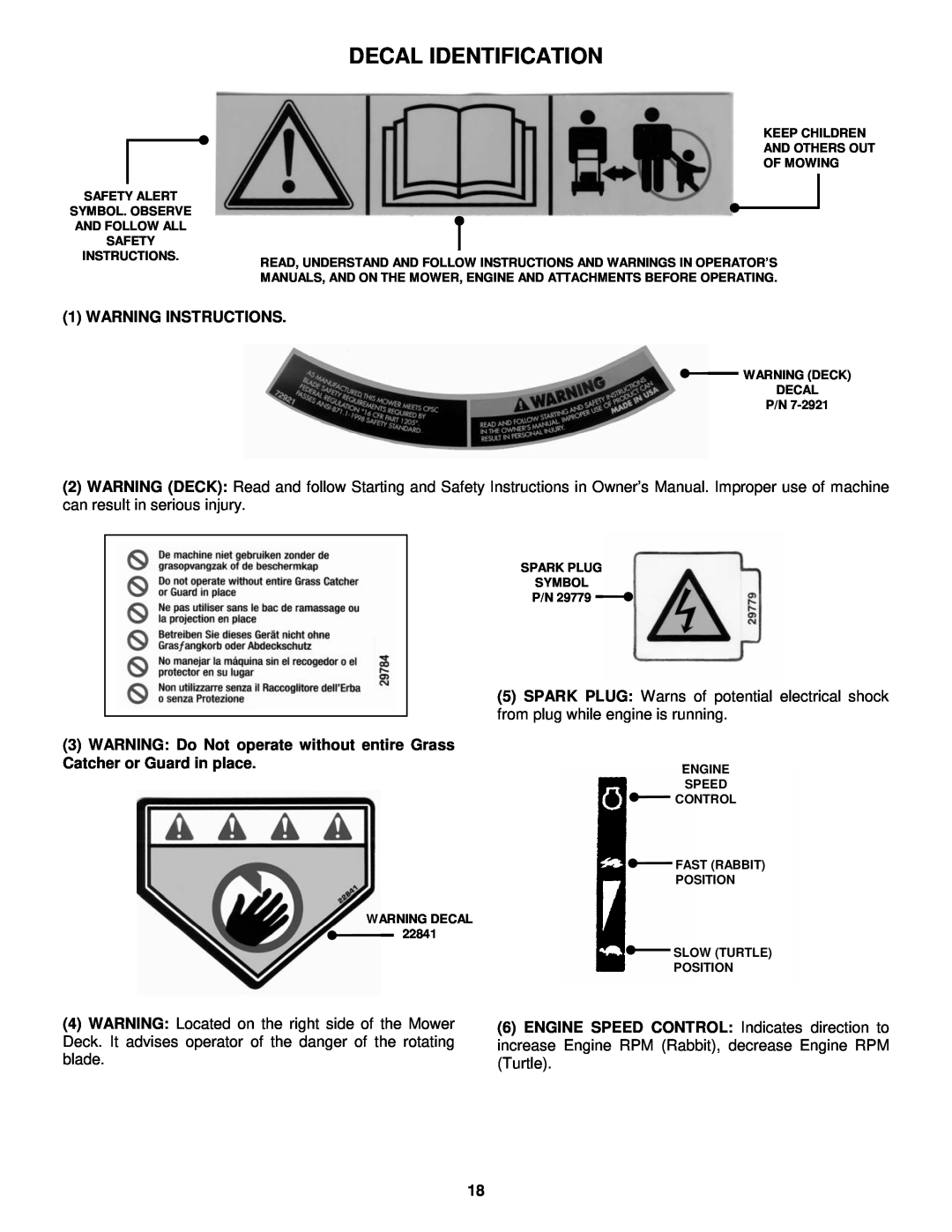Snapper ELP21702BV important safety instructions Decal Identification, Warning Instructions 