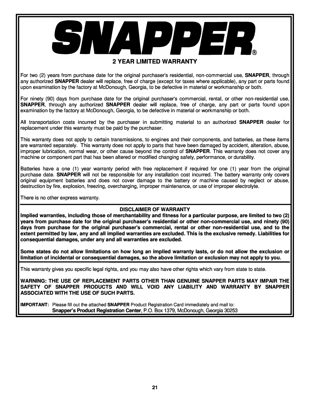 Snapper ELP21702BV important safety instructions Year Limited Warranty 