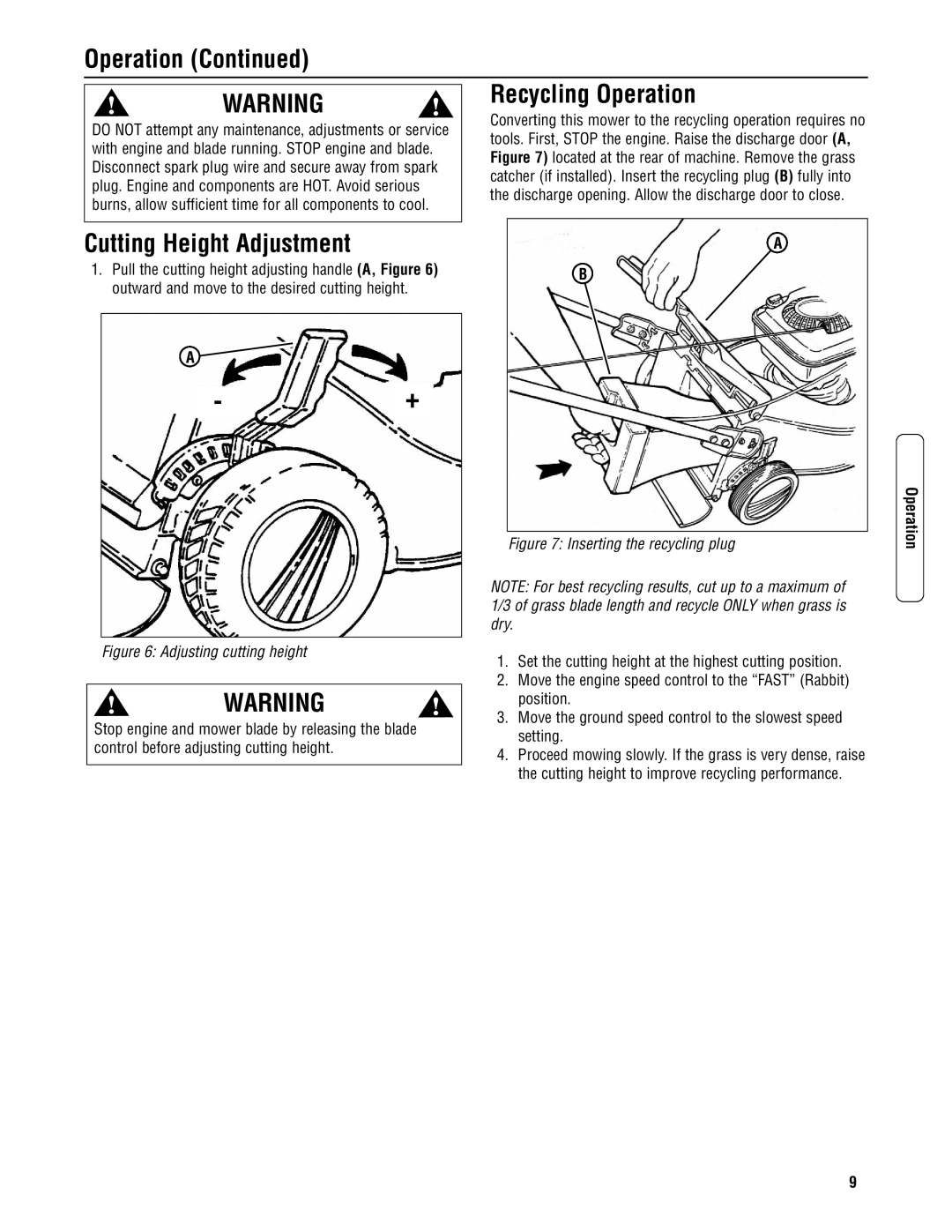 Snapper ELP21703BDV specifications Recycling Operation, Cutting Height Adjustment 