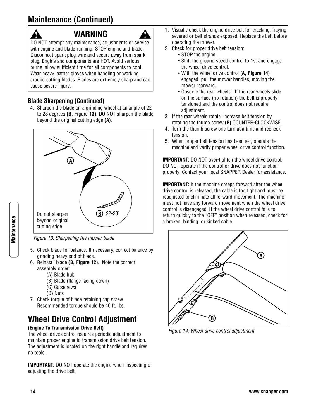 Snapper ELP21703BDV Operating the mower, Check for proper drive belt tension, Stop the engine, Wheel drive control 