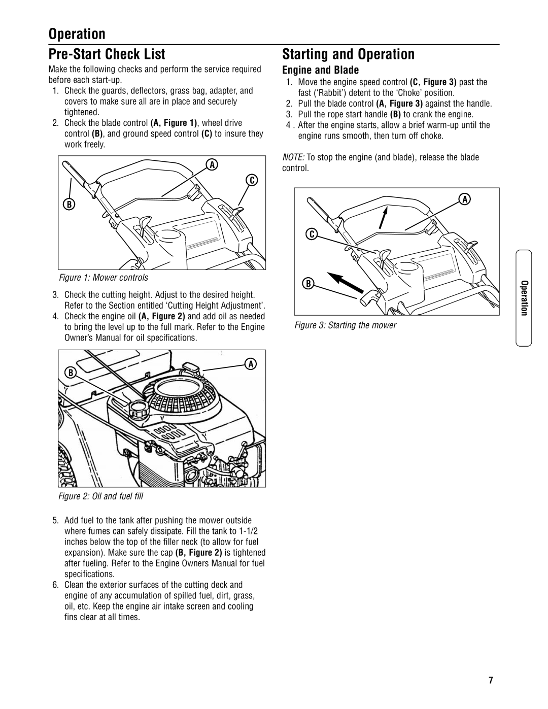 Snapper ELP21703BDV specifications Operation Pre-Start Check List, Engine and Blade 