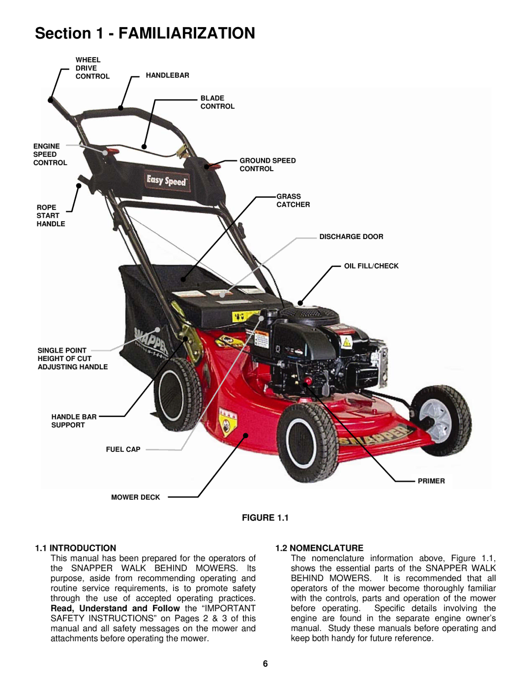 Snapper ELP21703BV important safety instructions Familiarization, Introduction, Nomenclature 