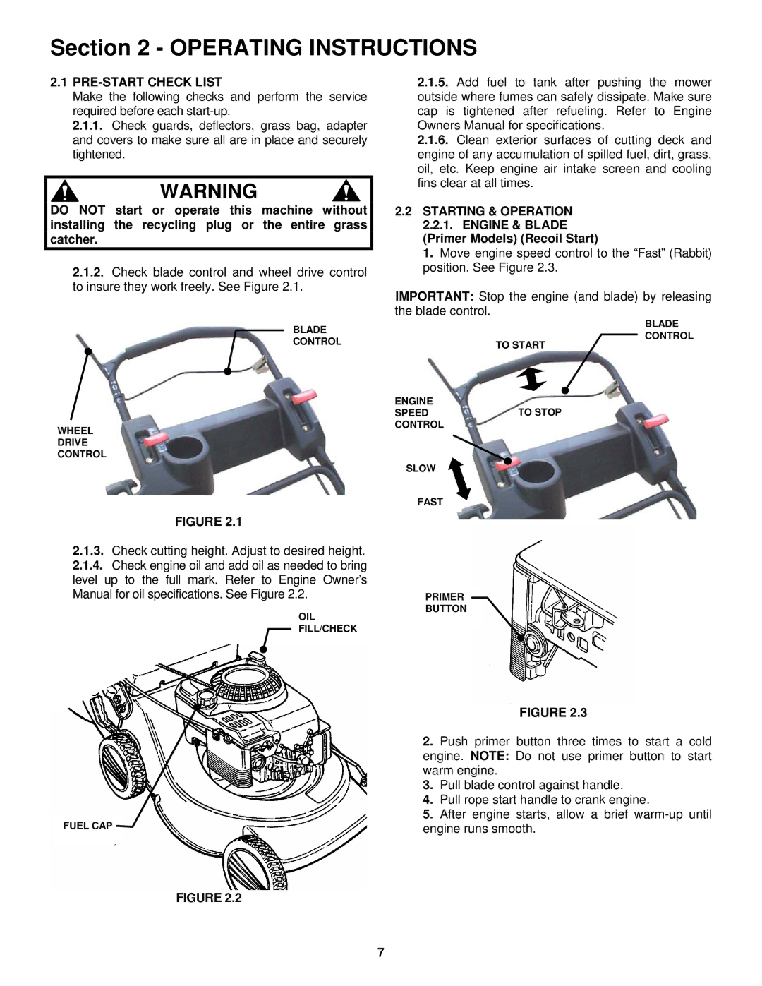 Snapper ELP21703BV Operating Instructions, PRE-START Check List, Starting & Operation 2.2.1. Engine & Blade 