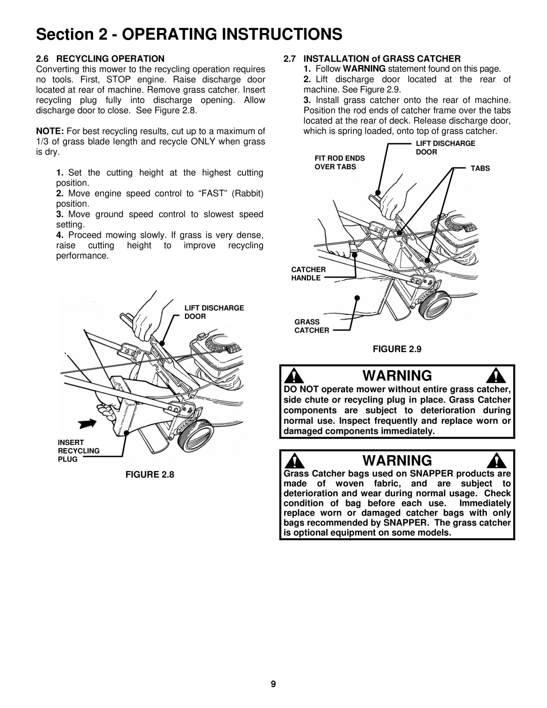 Snapper ELP21703BV important safety instructions Recycling Operation, Installation of Grass Catcher 