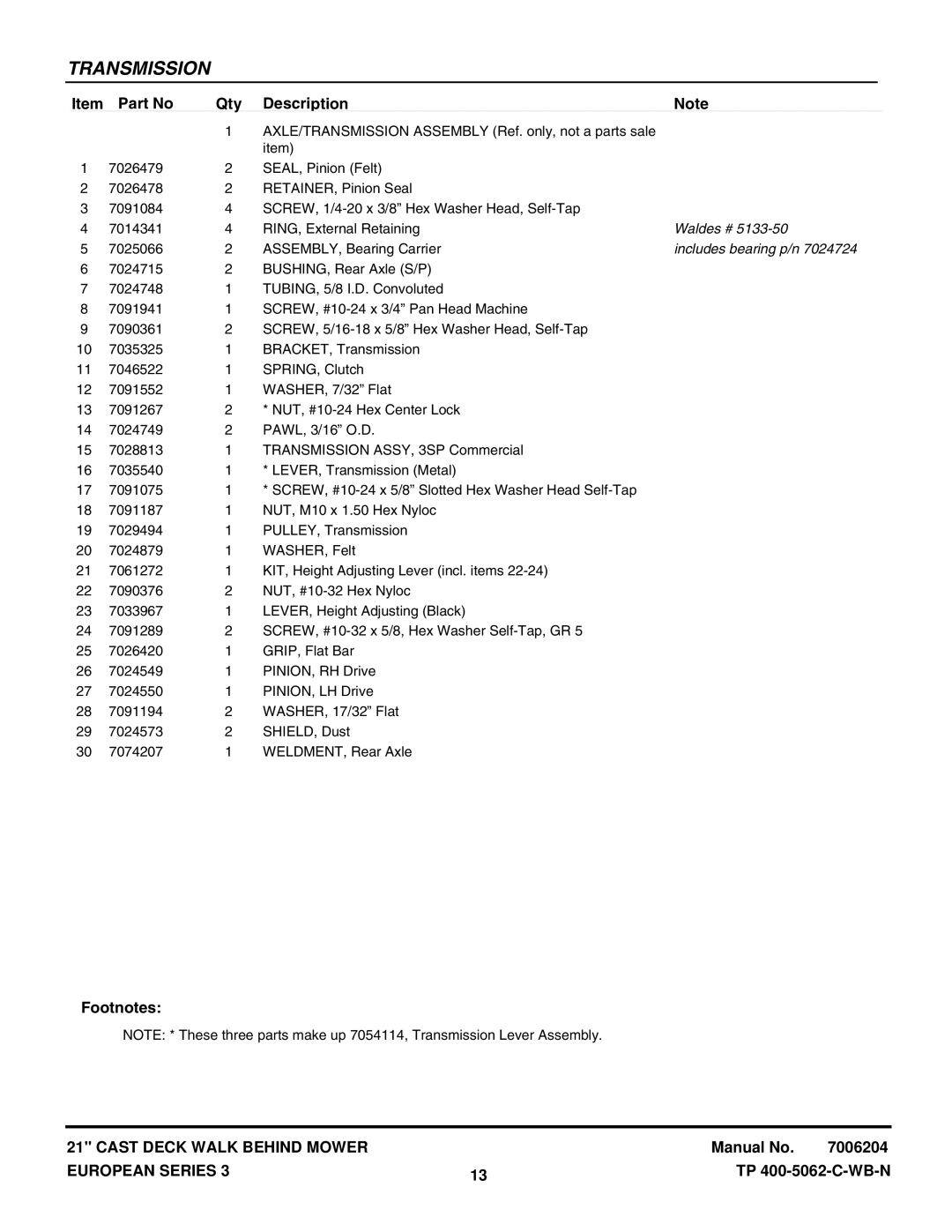 Snapper ELP216753BDV (7800140), ELP21703BV(7800121) manual Waldes #, Includes bearing p/n 