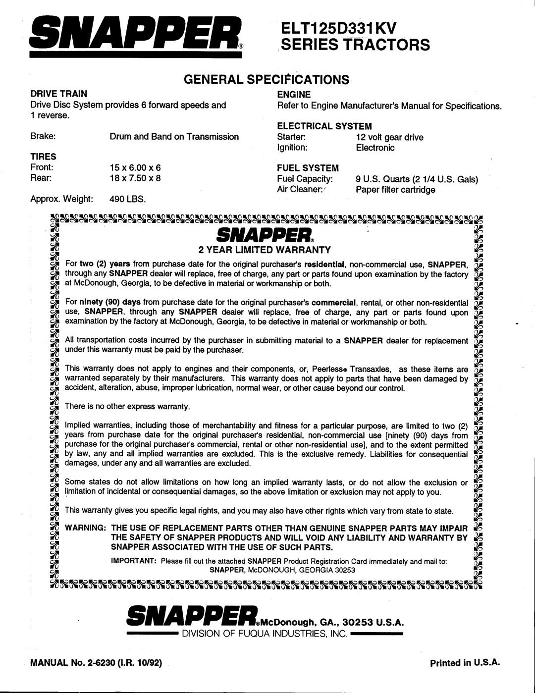 Snapper ELT125D331KV SERIES manual 