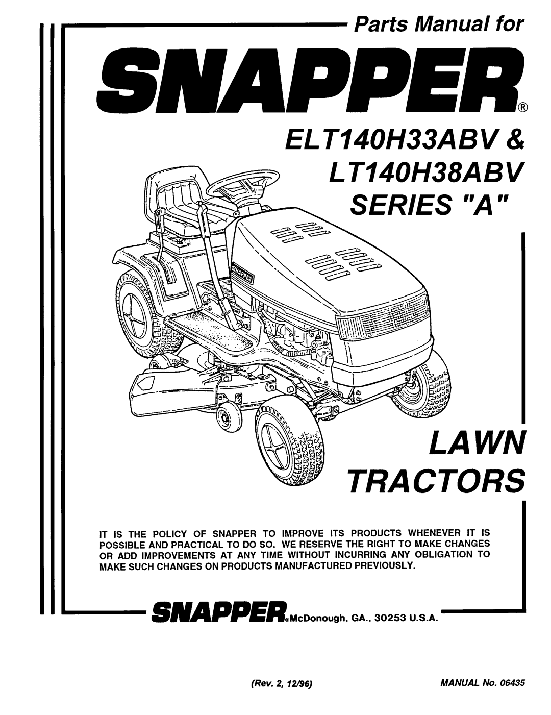 Snapper LT140H38ABV, ELT140H33ABV manual 