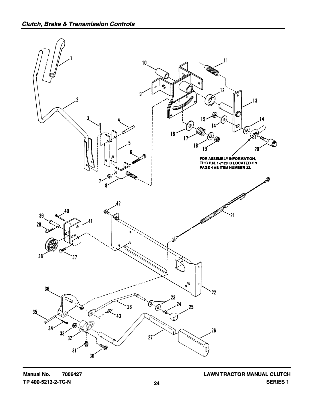 Snapper RLT140H331KV manual Clutch, Brake & Transmission Controls, Manual No, 7006427, Lawn Tractor Manual Clutch, Series 