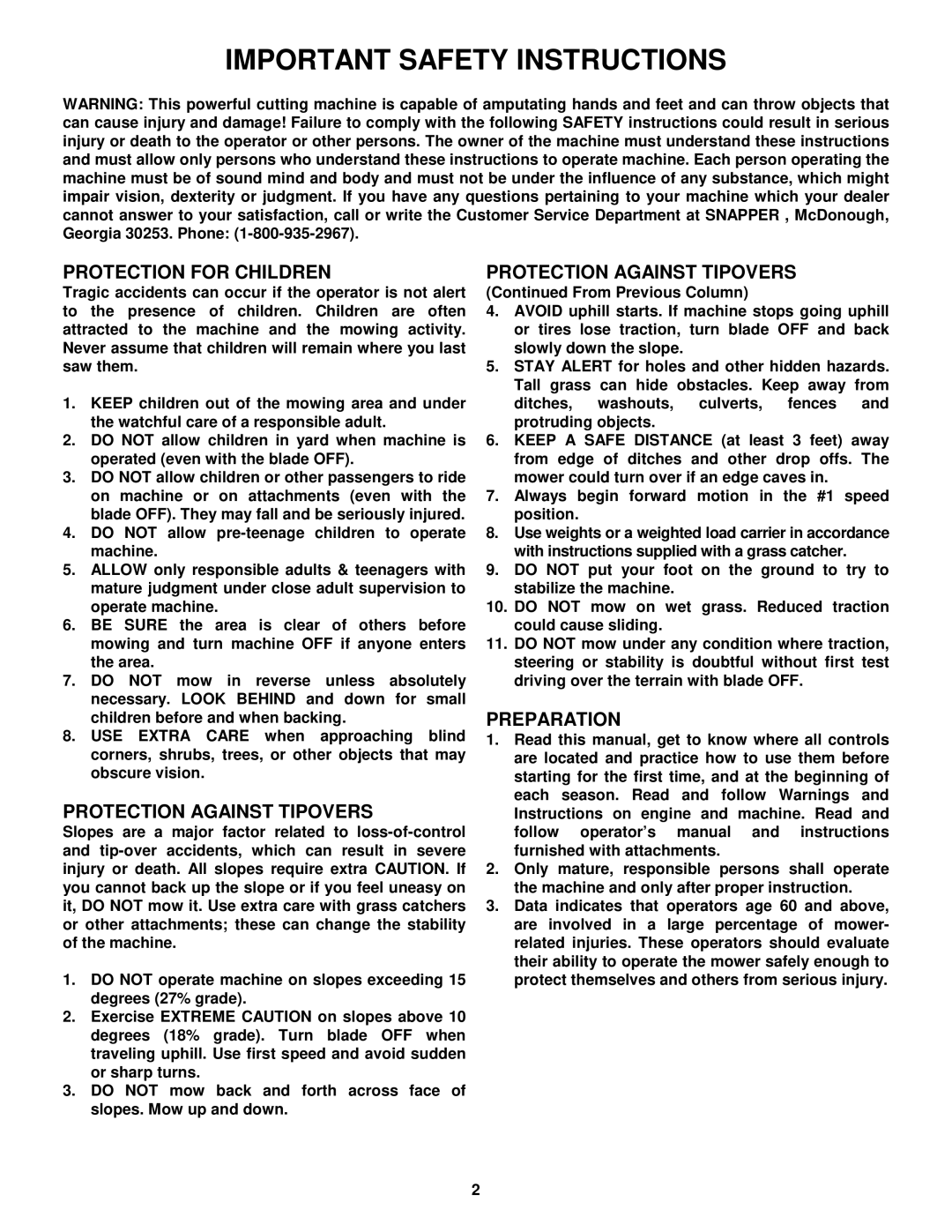 Snapper ELT140H33DBV, ELT145H33DBV, ELT125G33DB manual Important Safety Instructions 