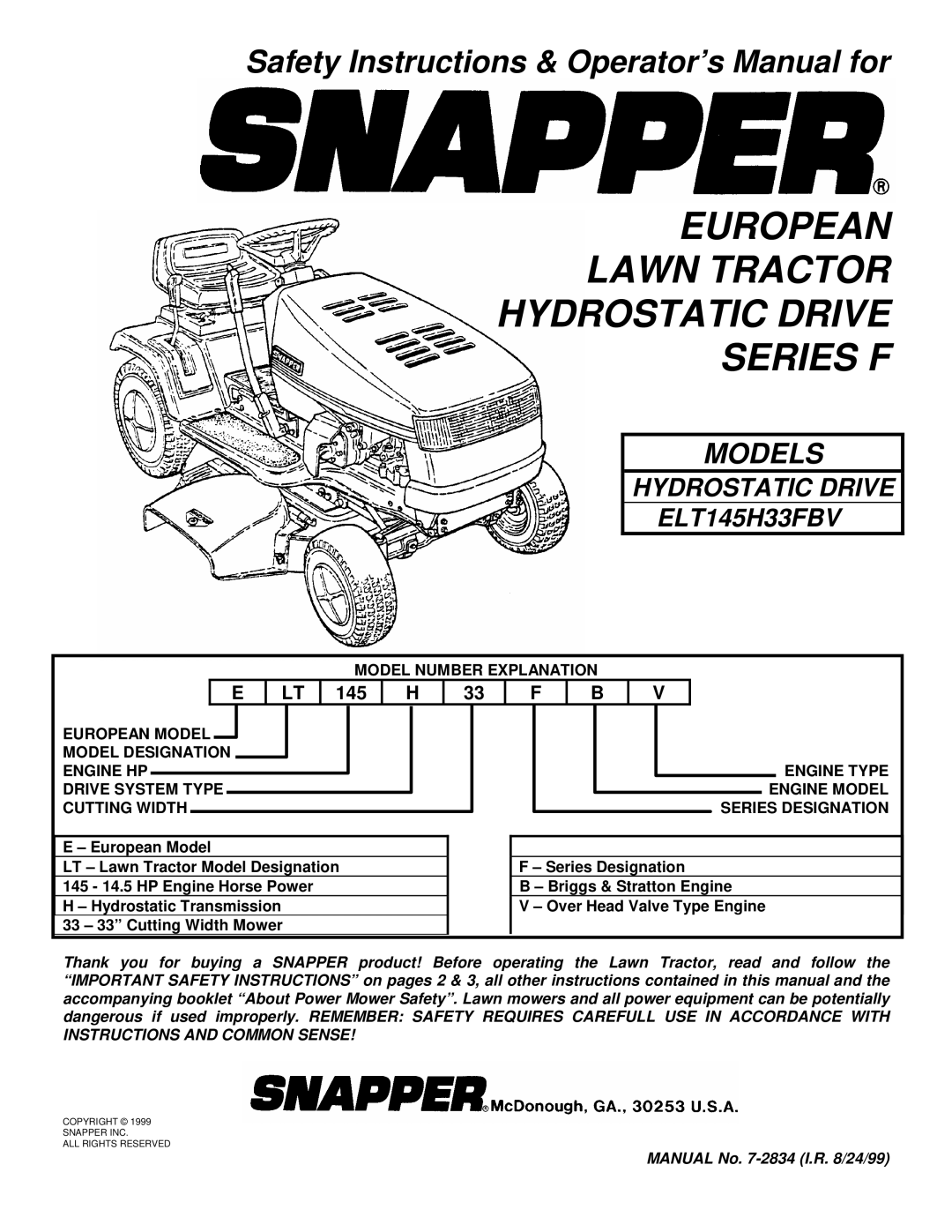 Snapper ELT145H33FBV important safety instructions European Lawn Tractor Hydrostatic Drive Series F 