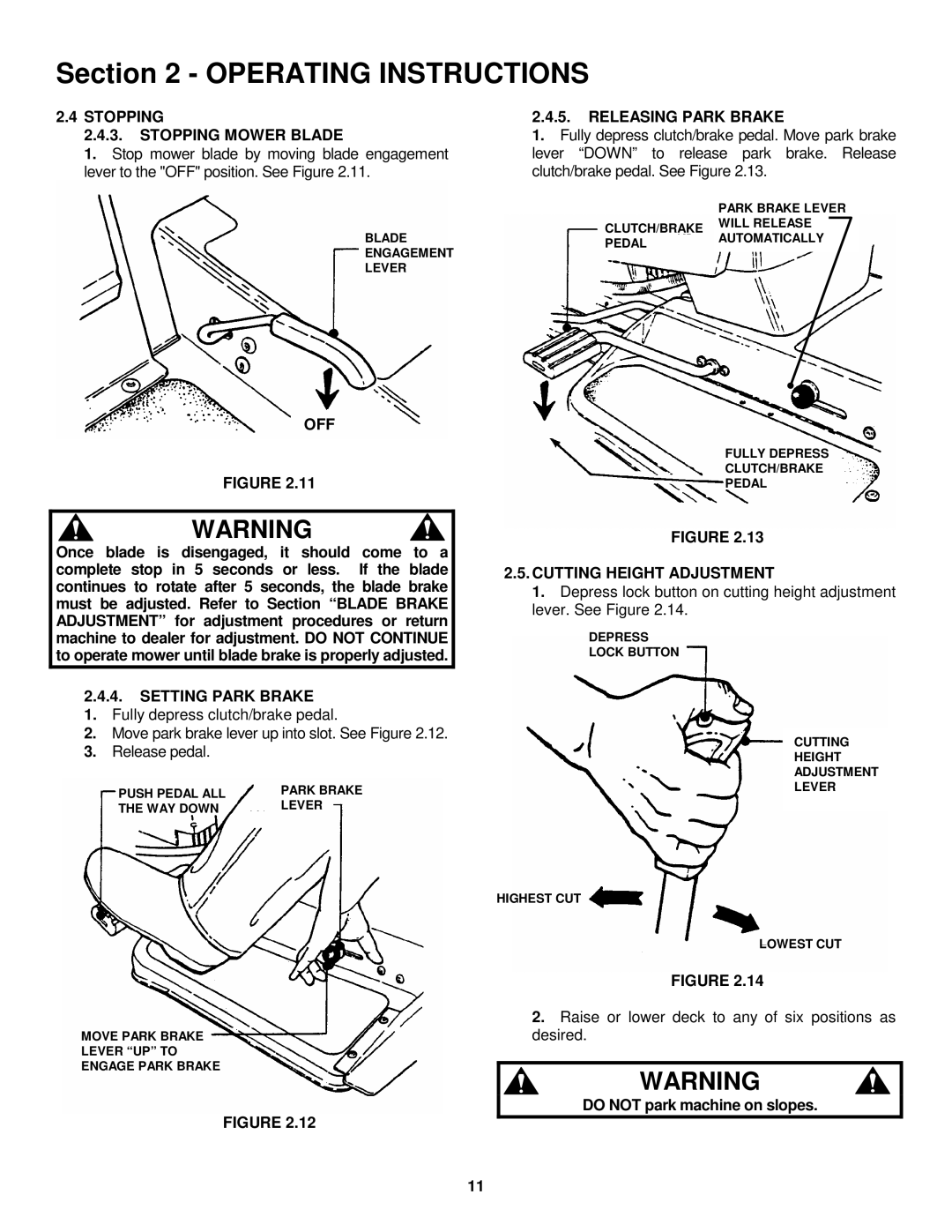 Snapper ELT145H33FBV Stopping Stopping Mower Blade, Setting Park Brake, Releasing Park Brake, Cutting Height Adjustment 