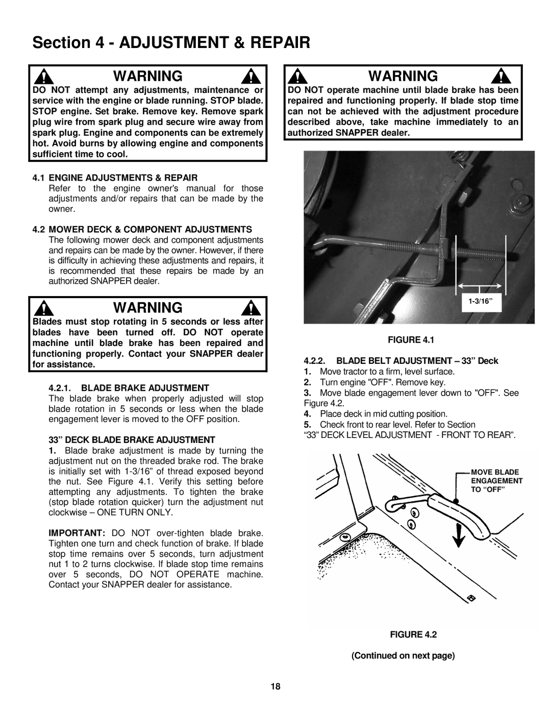 Snapper ELT145H33FBV important safety instructions Engine Adjustments & Repair, Deck Blade Brake Adjustment, On next 