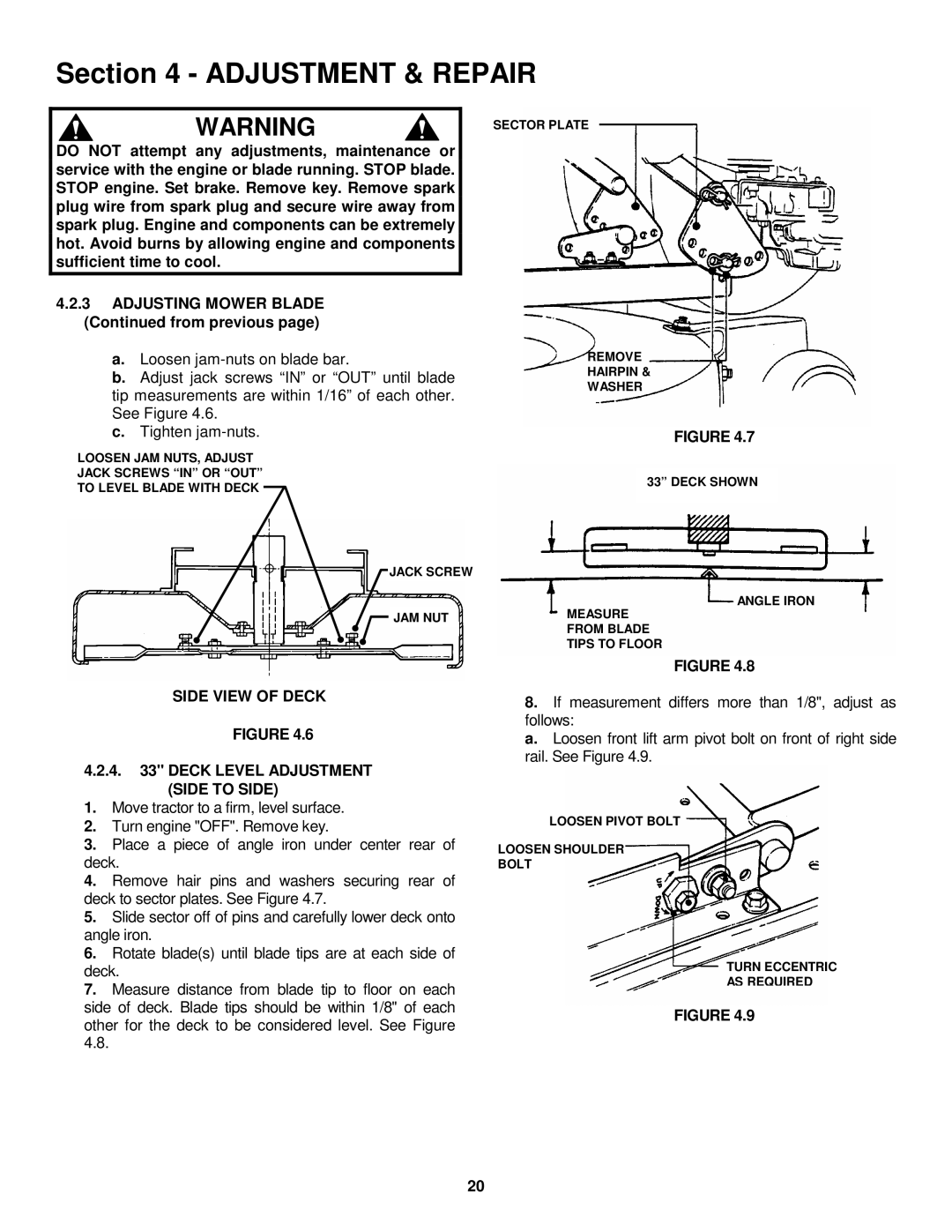 Snapper ELT145H33FBV important safety instructions Side View of Deck Deck Level Adjustment Side to Side 