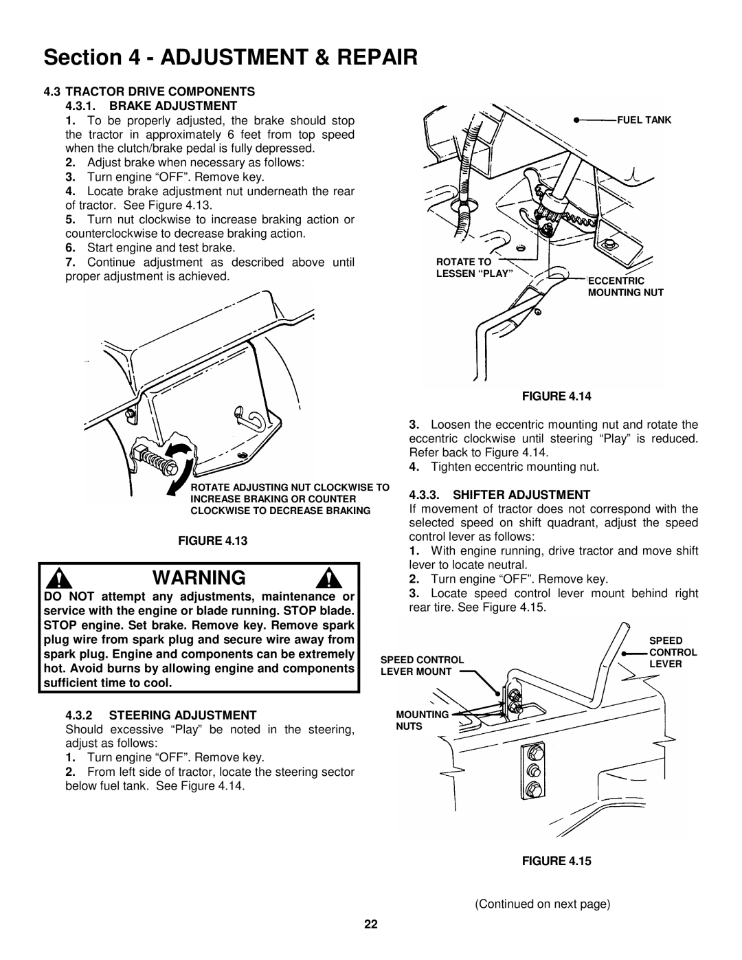 Snapper ELT145H33FBV Tractor Drive Components 4.3.1. Brake Adjustment, Shifter Adjustment, Steering Adjustment 