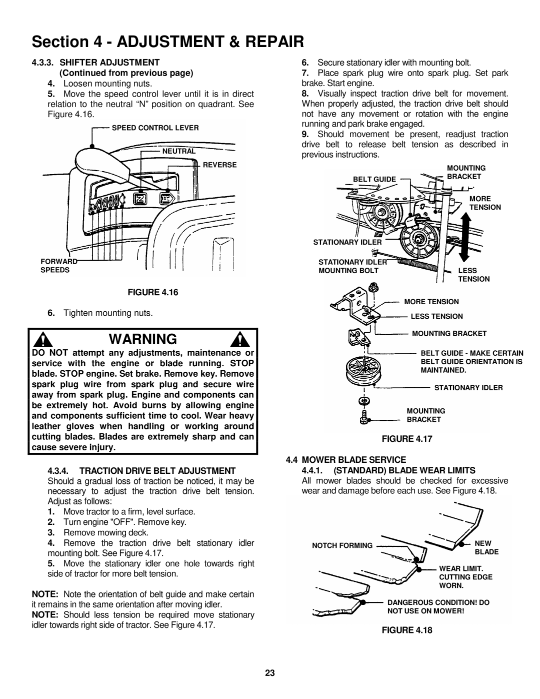 Snapper ELT145H33FBV Shifter Adjustment from previous, Mower Blade Service Standard Blade Wear Limits 