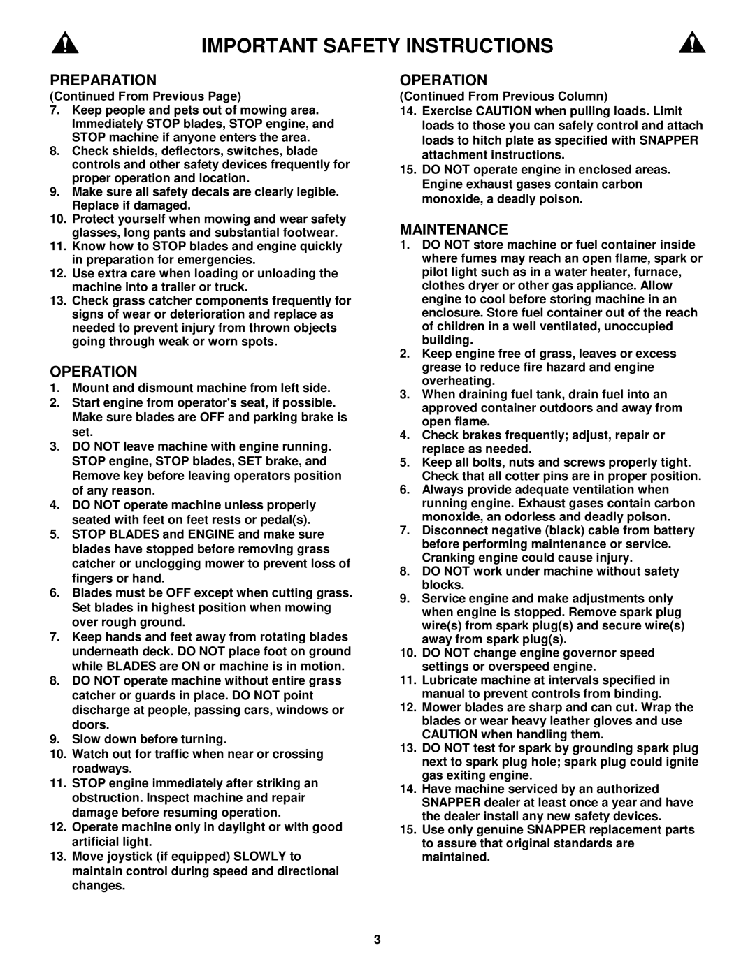 Snapper ELT145H33FBV important safety instructions Operation, From Previous 