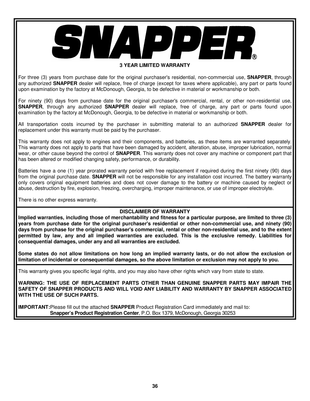 Snapper ELT145H33FBV important safety instructions Year Limited Warranty, Disclaimer of Warranty 