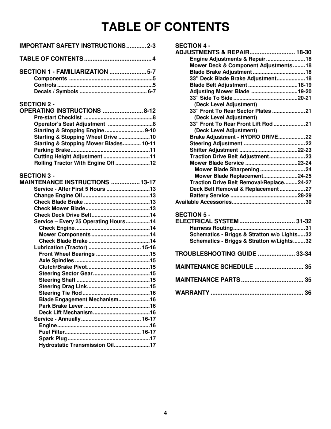 Snapper ELT145H33FBV important safety instructions Table of Contents 