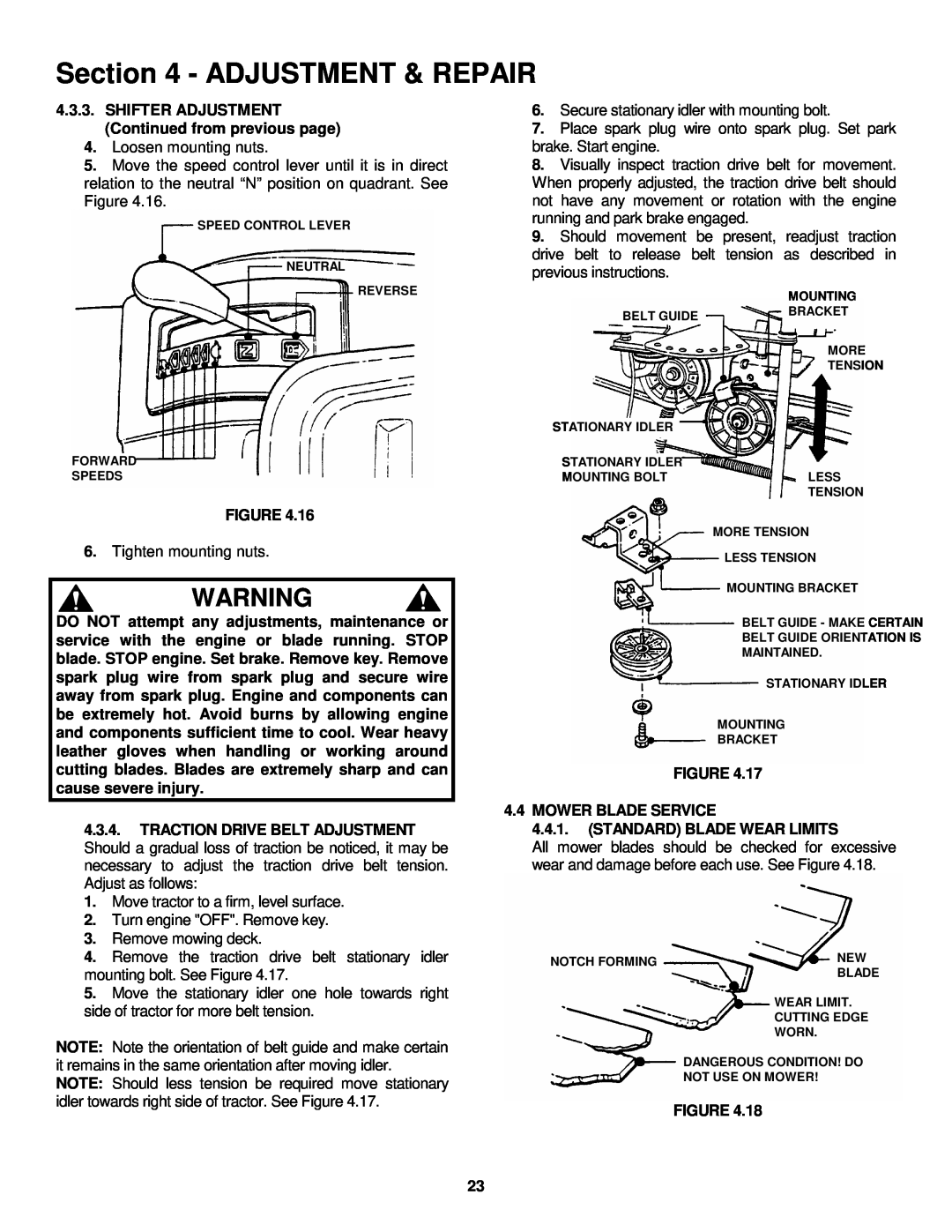 Snapper ELT145H33FBV important safety instructions Adjustment & Repair 