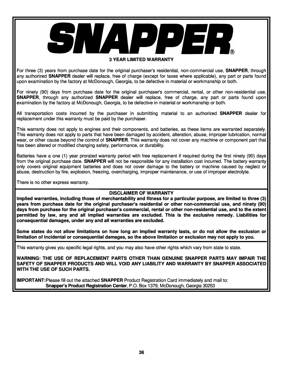 Snapper ELT145H33FBV important safety instructions Year Limited Warranty 