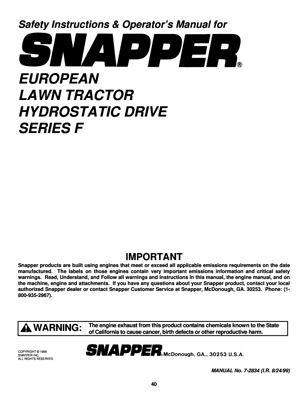 Snapper ELT145H33FBV European Lawn Tractor Hydrostatic Drive Series F, Safety Instructions & Operator’s Manual for 