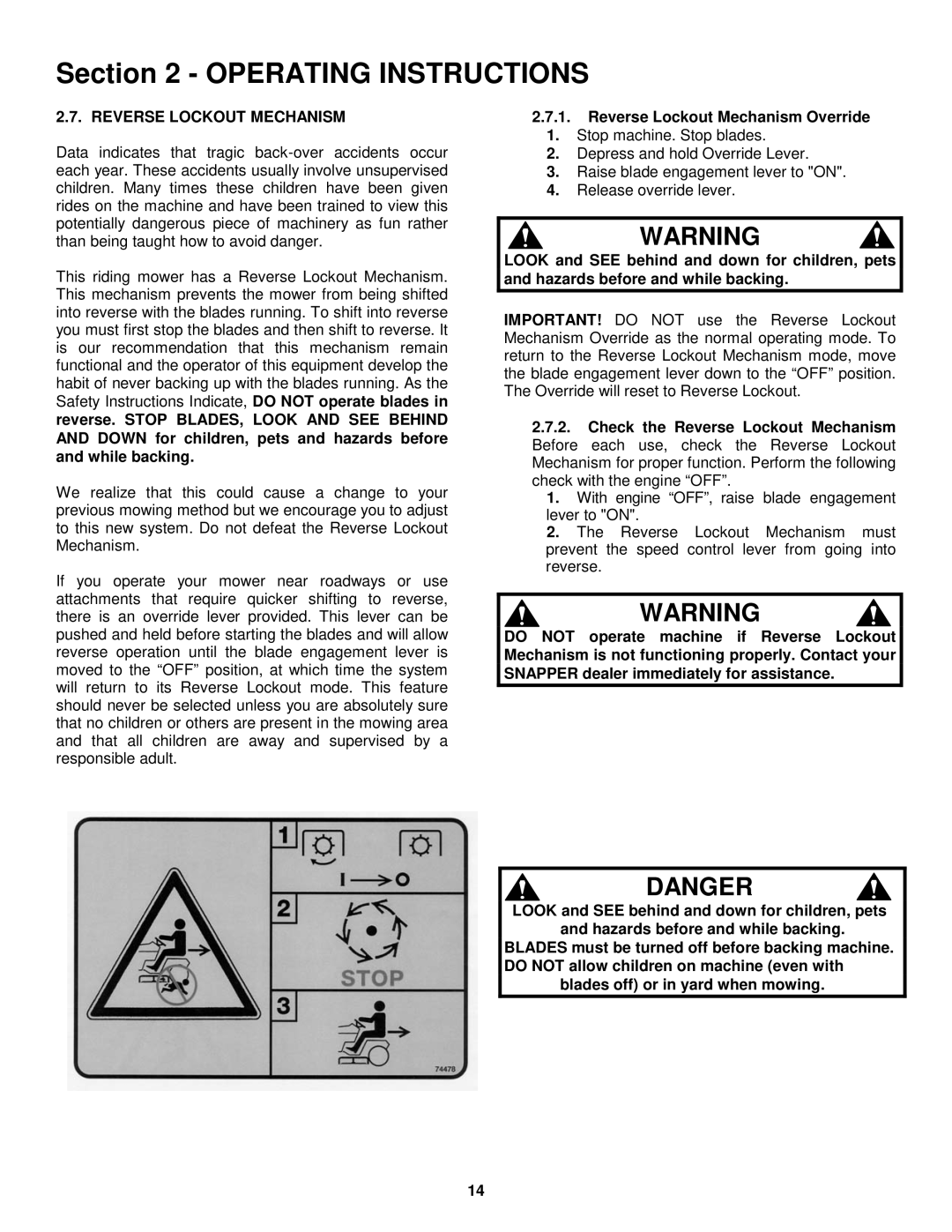 Snapper ELT150H33IBV important safety instructions Reverse Lockout Mechanism Override 