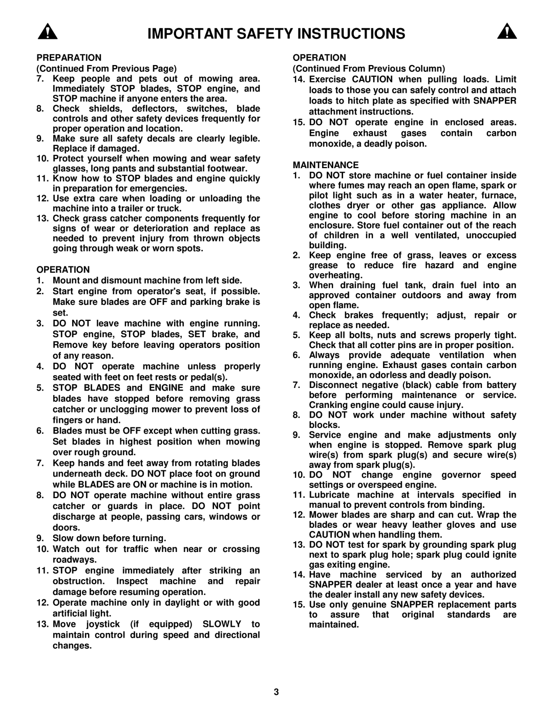 Snapper ELT150H33IBV important safety instructions Operation, Maintenance 