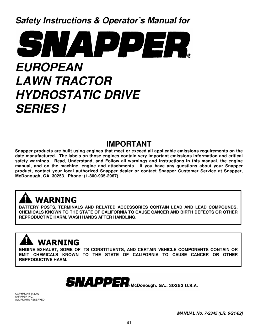 Snapper ELT150H33IBV important safety instructions European Lawn Tractor Hydrostatic Drive Series 