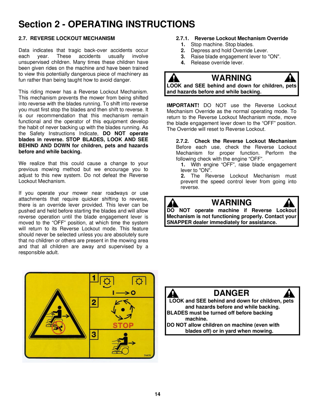 Snapper ELT180H33IBV important safety instructions Reverse Lockout Mechanism Override 