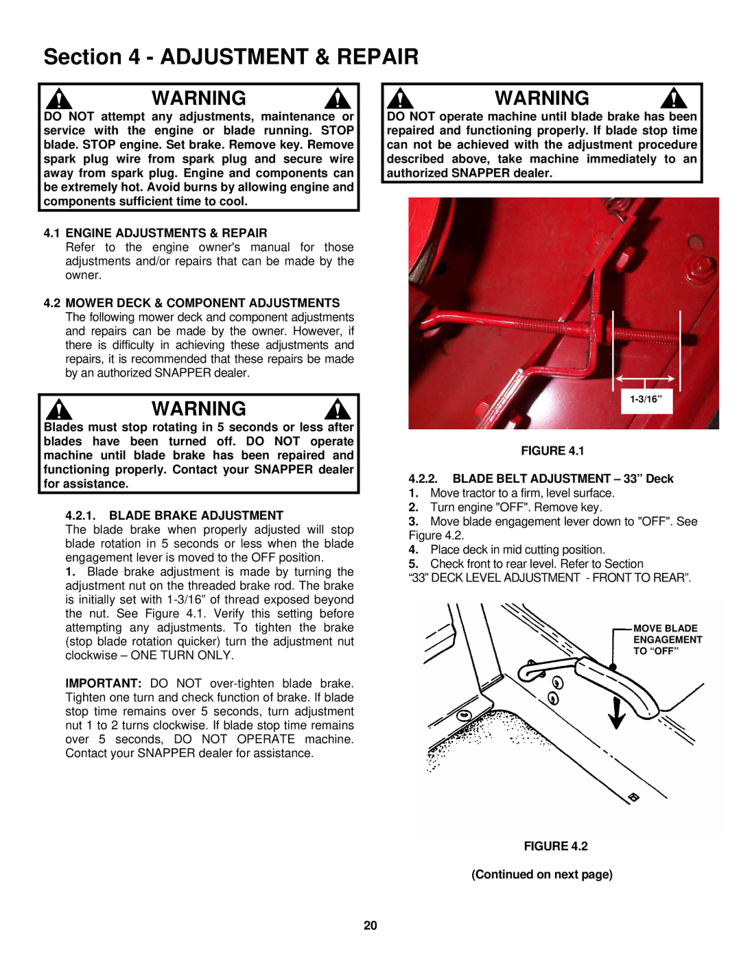 Snapper ELT180H33IBV important safety instructions Engine Adjustments & Repair, Blade Brake Adjustment, On next 