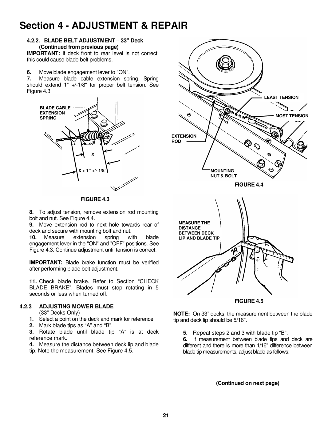 Snapper ELT180H33IBV Blade Belt Adjustment 33 Deck from previous, Adjusting Mower Blade 33 Decks Only 