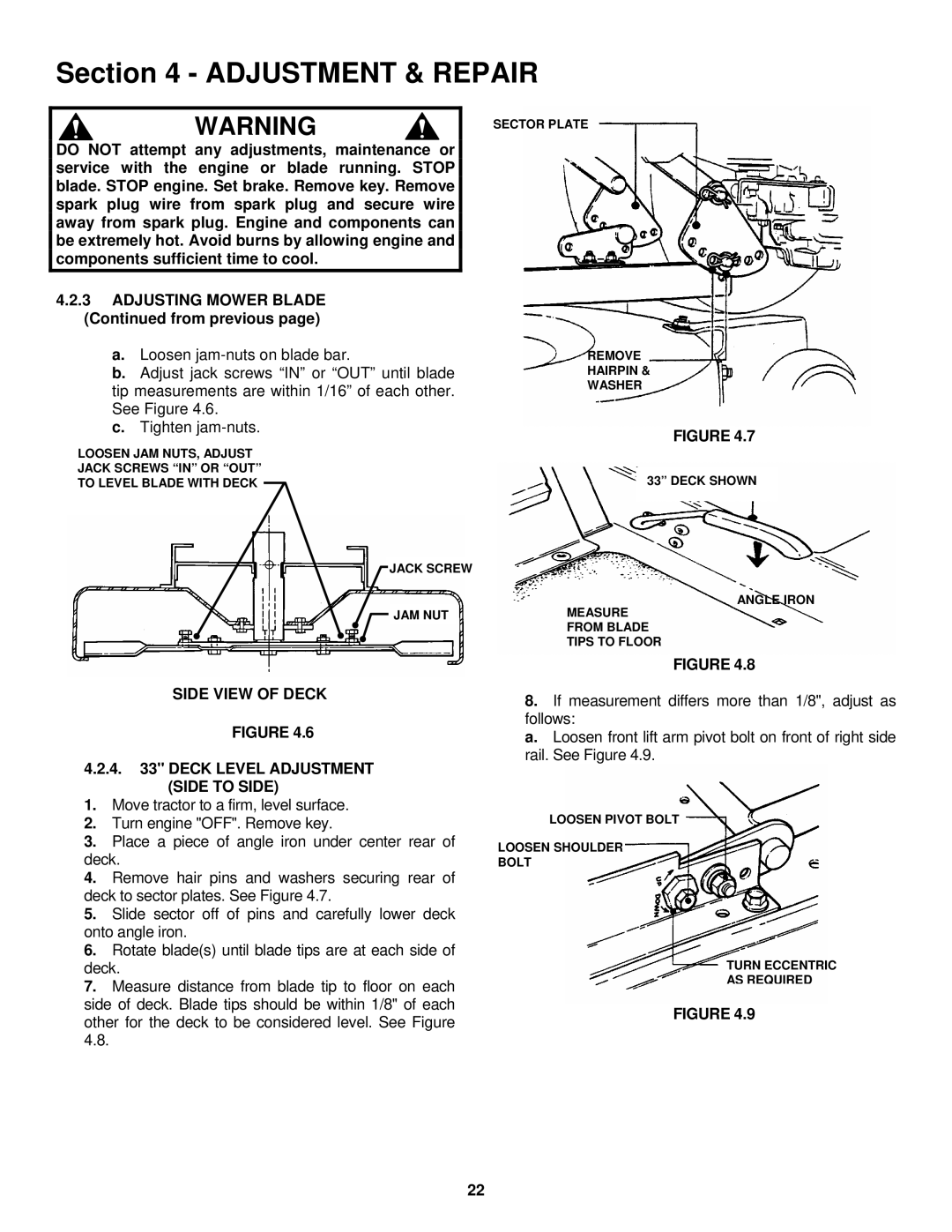 Snapper ELT180H33IBV important safety instructions Side View of Deck Deck Level Adjustment Side to Side 