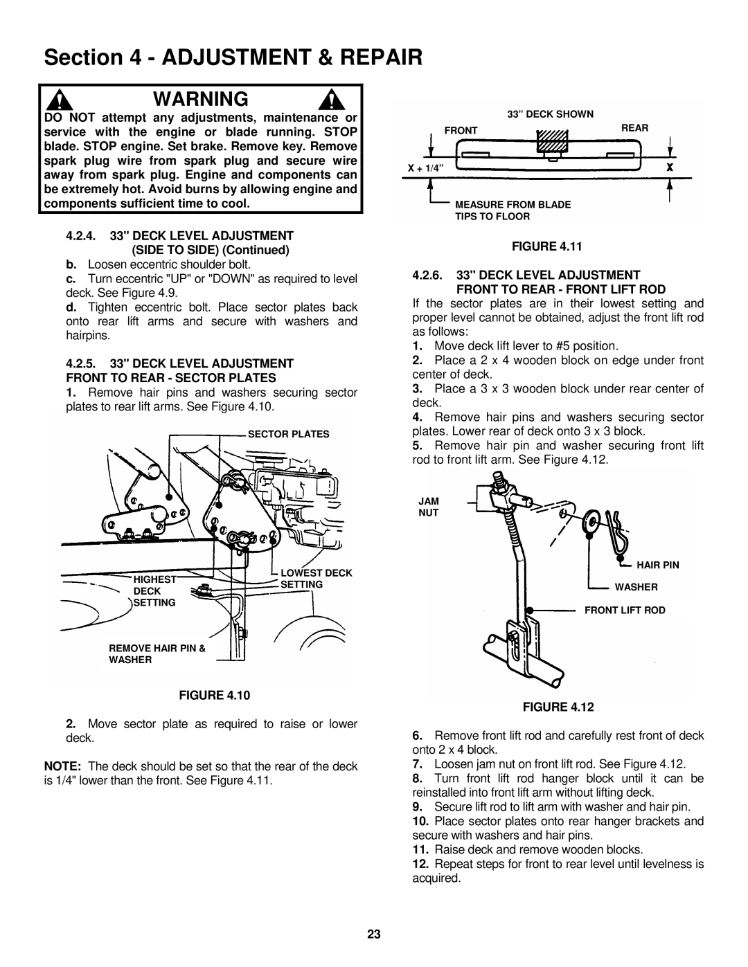 Snapper ELT180H33IBV Deck Level Adjustment Side to Side, Deck Level Adjustment Front to Rear Sector Plates 