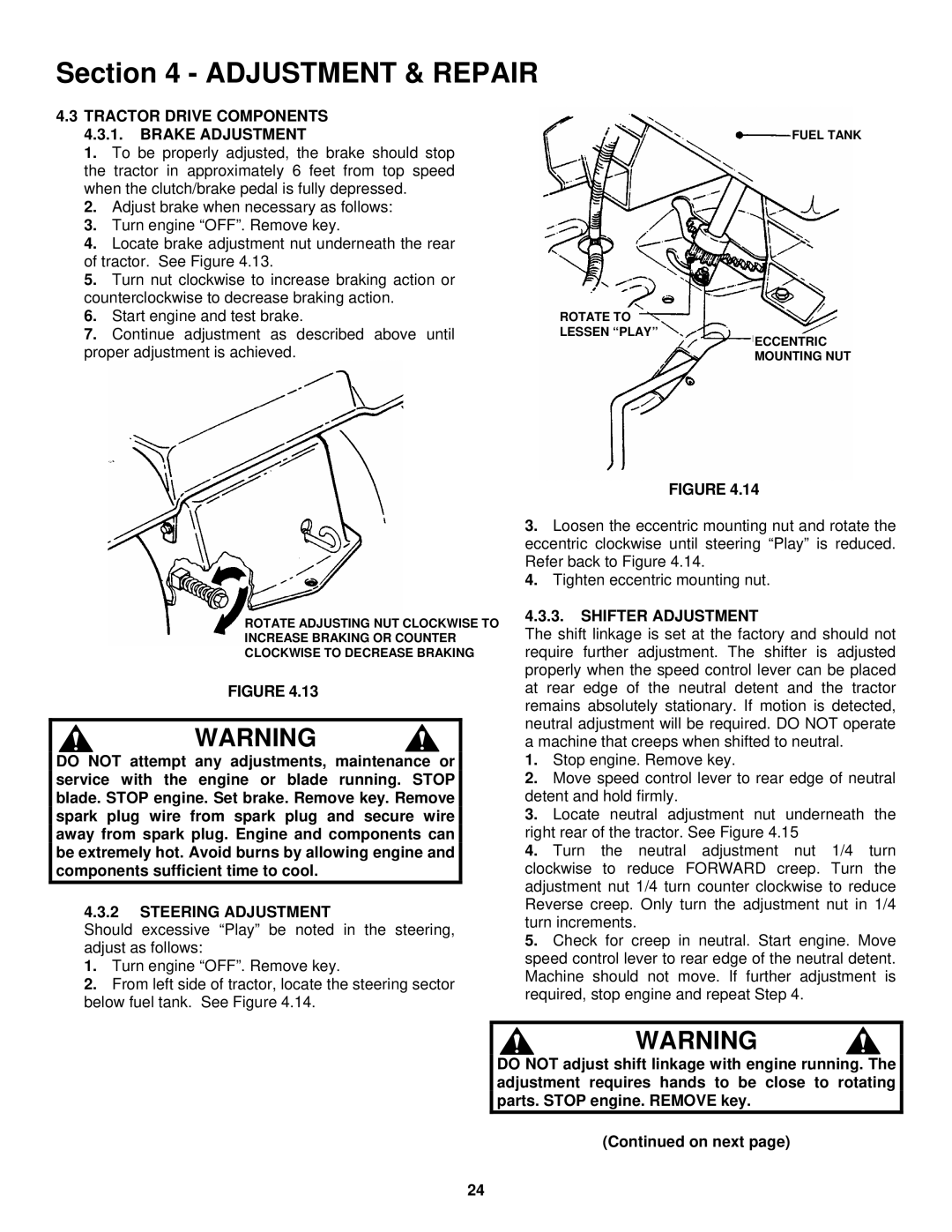 Snapper ELT180H33IBV Tractor Drive Components 4.3.1. Brake Adjustment, Steering Adjustment, Shifter Adjustment 