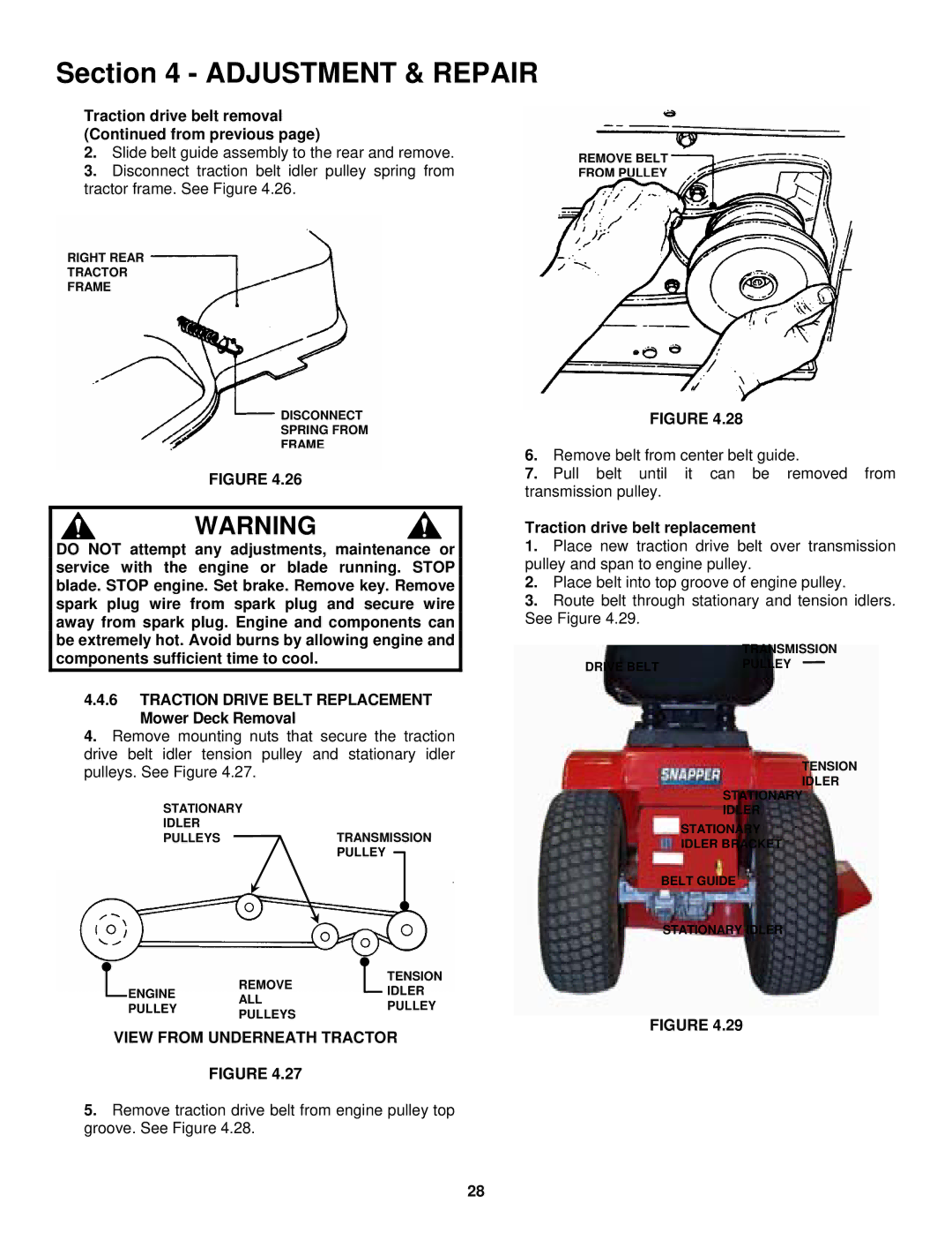 Snapper ELT180H33IBV important safety instructions Traction drive belt removal from previous, View from Underneath Tractor 