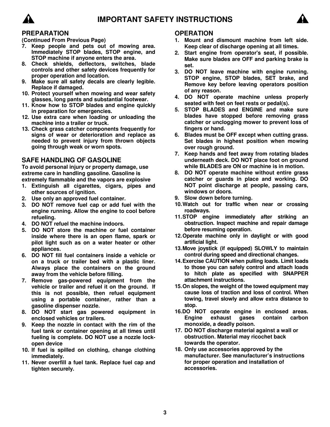 Snapper ELT180H33IBV important safety instructions Important Safety Instructions 