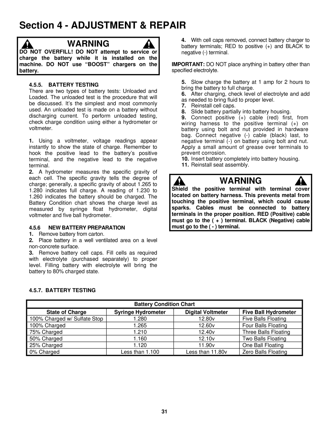 Snapper ELT180H33IBV important safety instructions Battery Testing, NEW Battery Preparation 