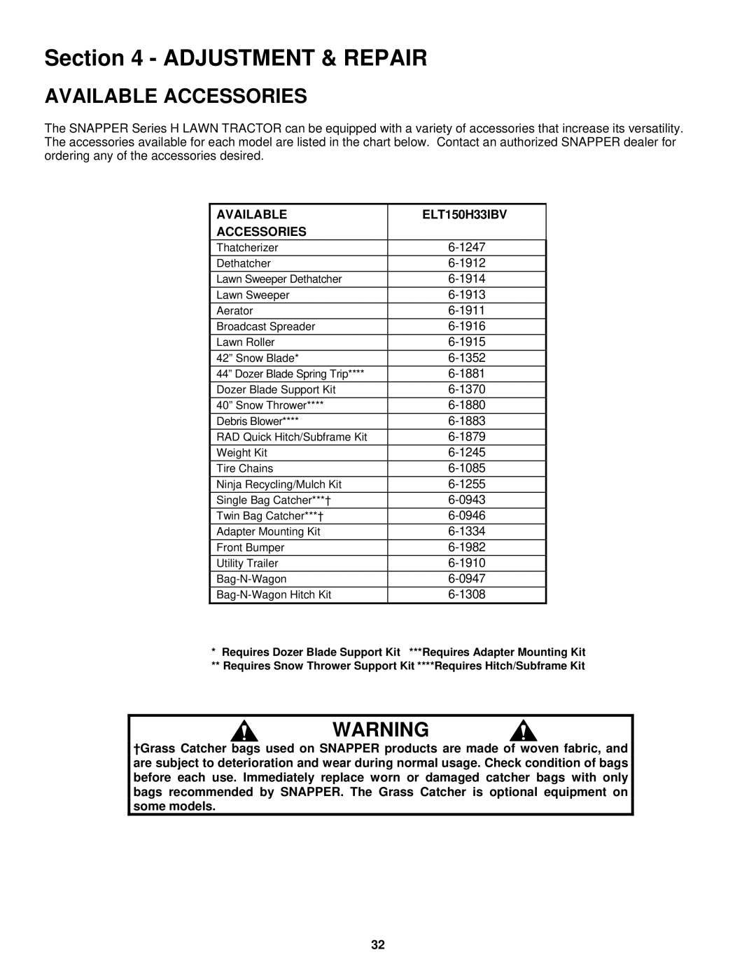 Snapper ELT180H33IBV important safety instructions Available Accessories, Available ELT150H33IBV Accessories 