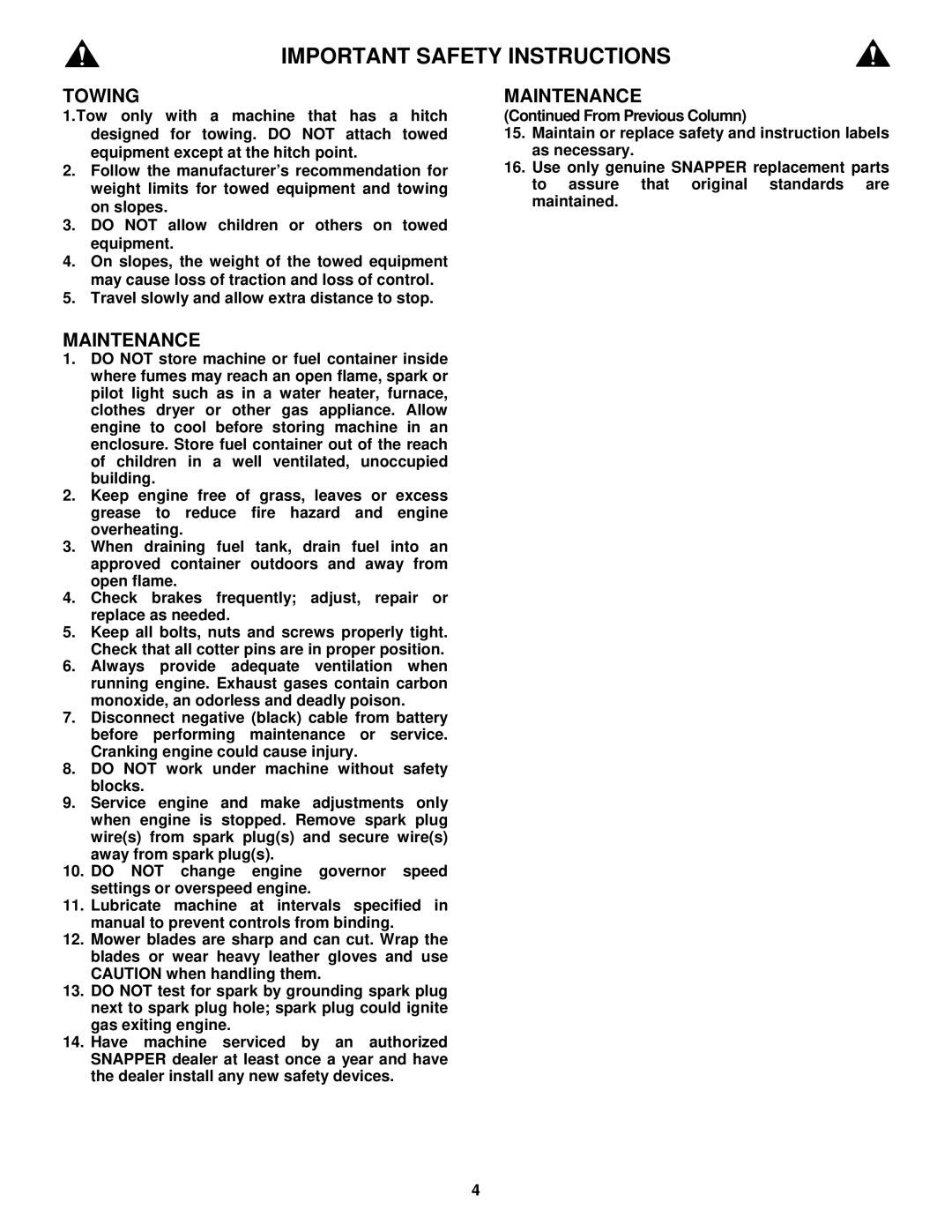 Snapper ELT180H33IBV important safety instructions Towing 