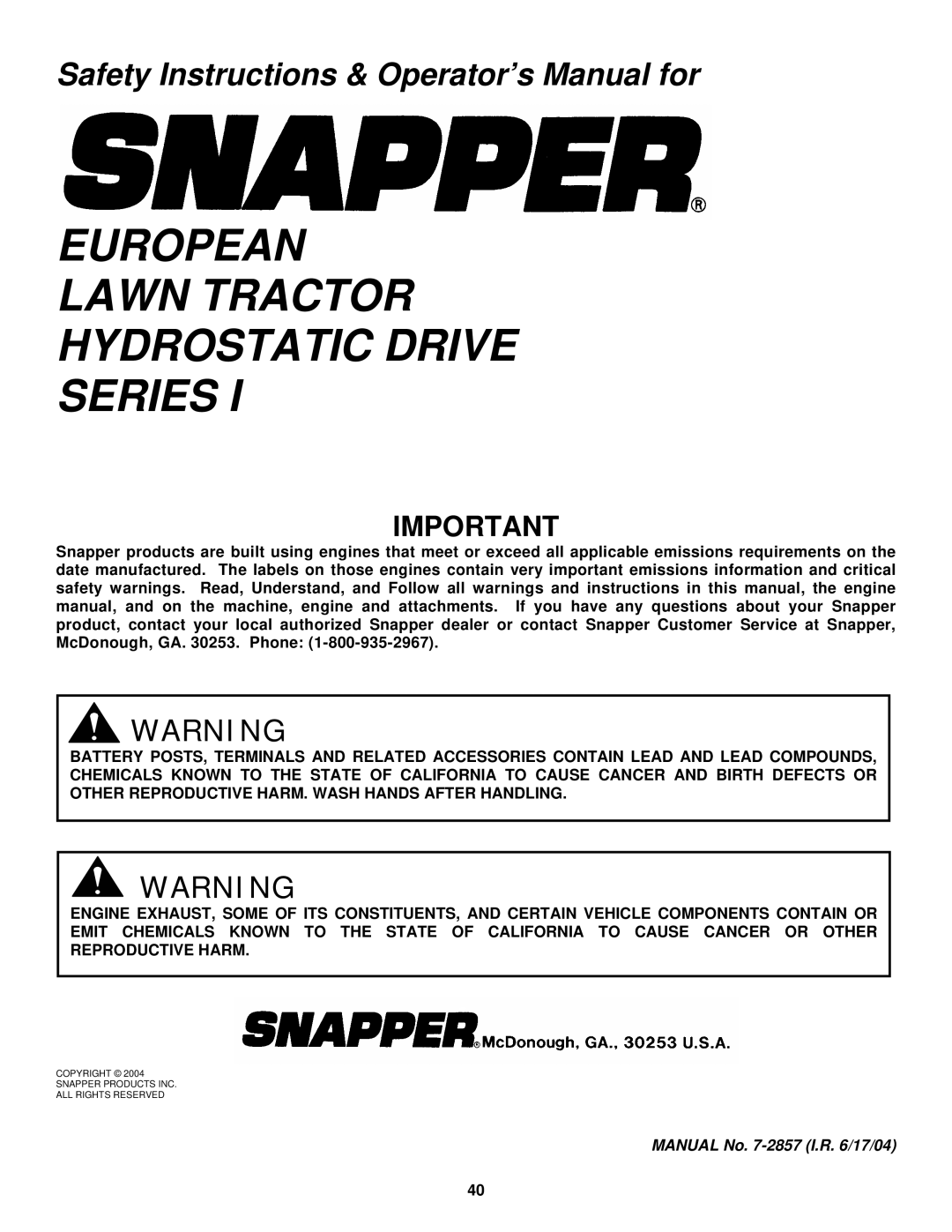 Snapper ELT180H33IBV important safety instructions European Lawn Tractor Hydrostatic Drive Series 