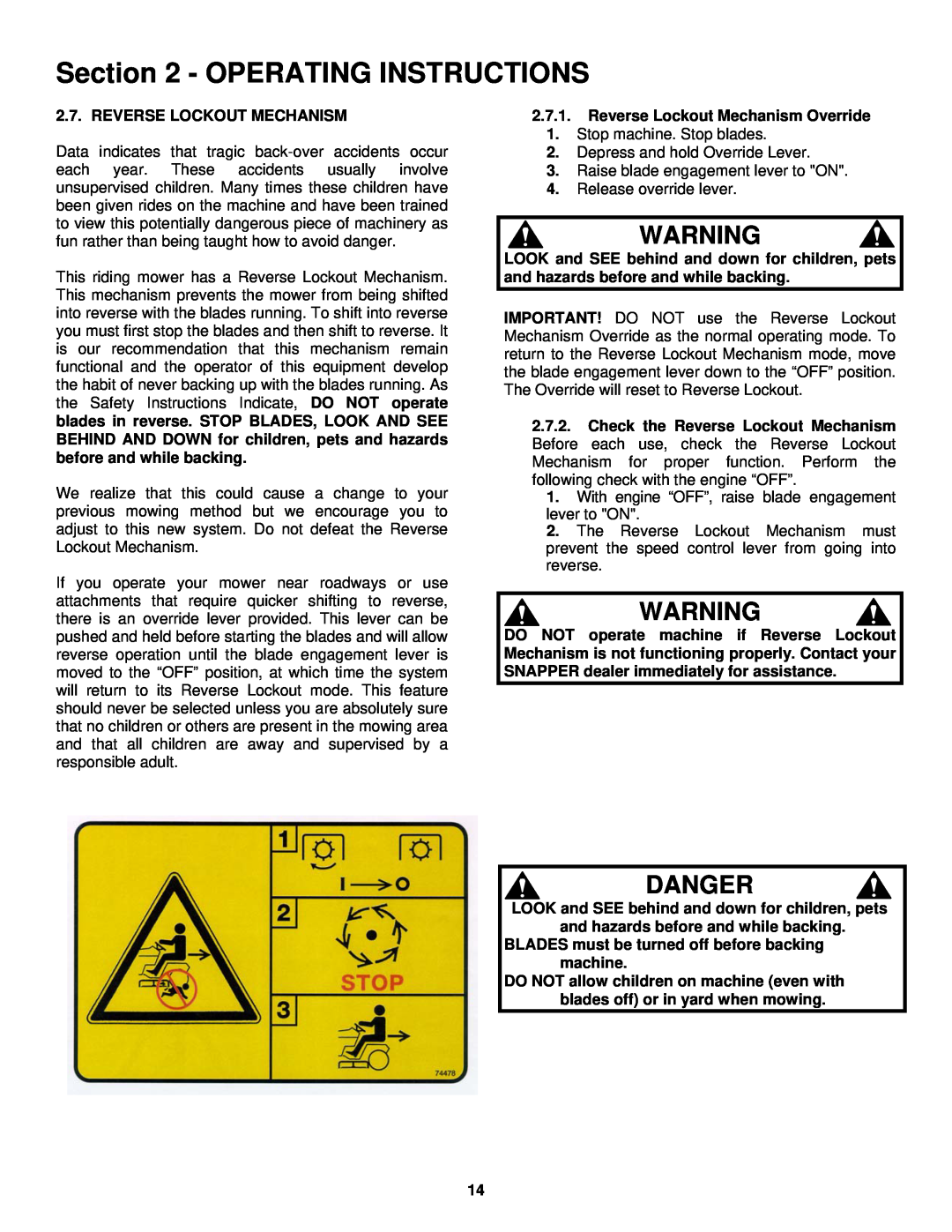 Snapper ELT180H33IBV important safety instructions Danger, Operating Instructions 