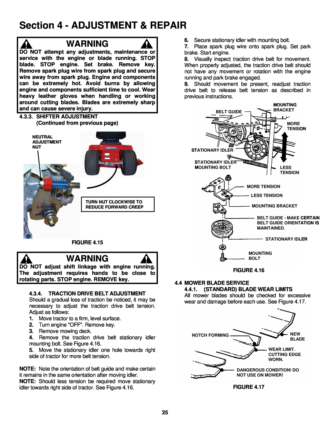 Snapper ELT180H33IBV important safety instructions Adjustment & Repair 