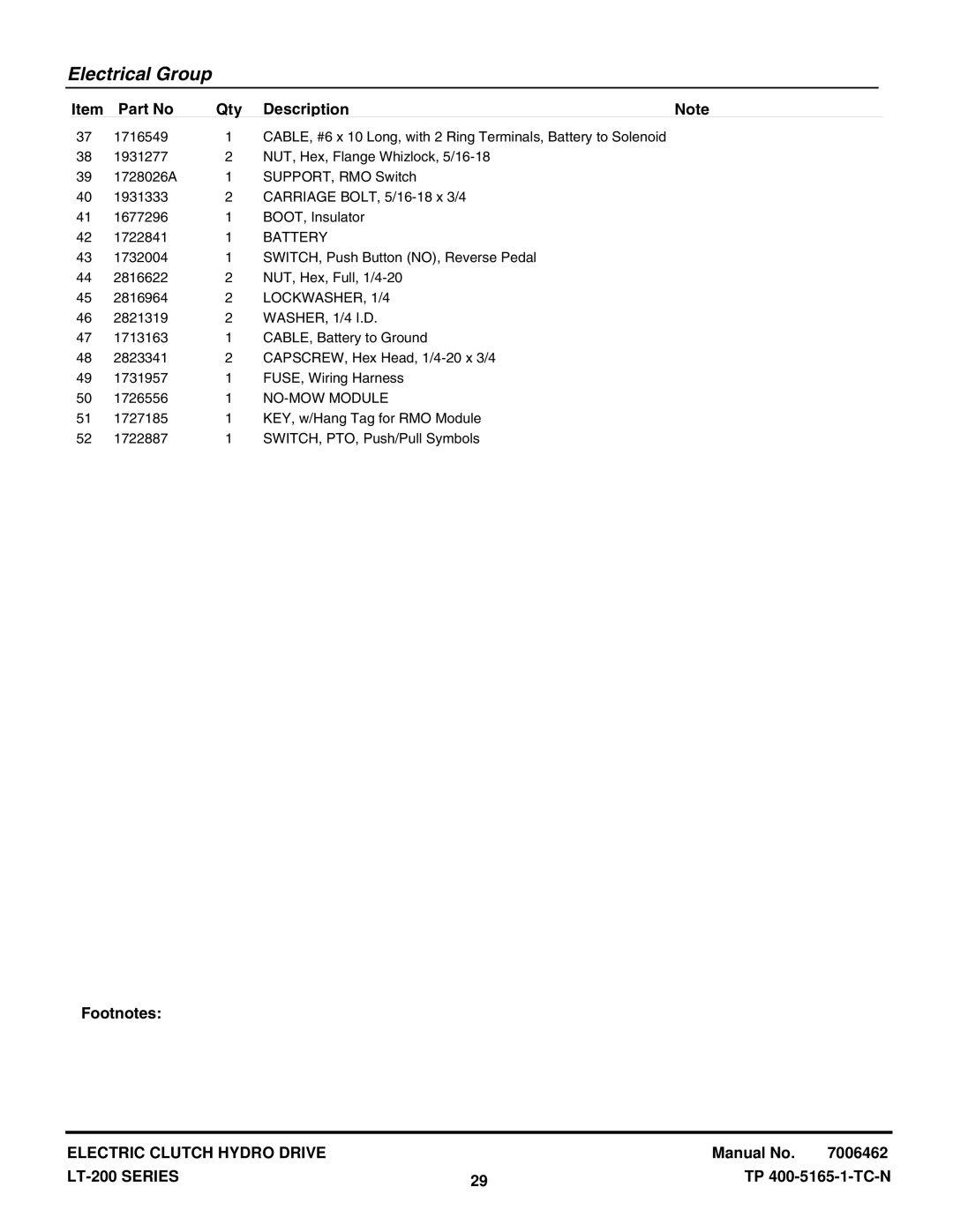 Snapper ELT18538, ELT2044, LT18538, LT18500, LT2042, LT2044, LT22500 manual Battery, LOCKWASHER, 1/4, NO-MOW Module 