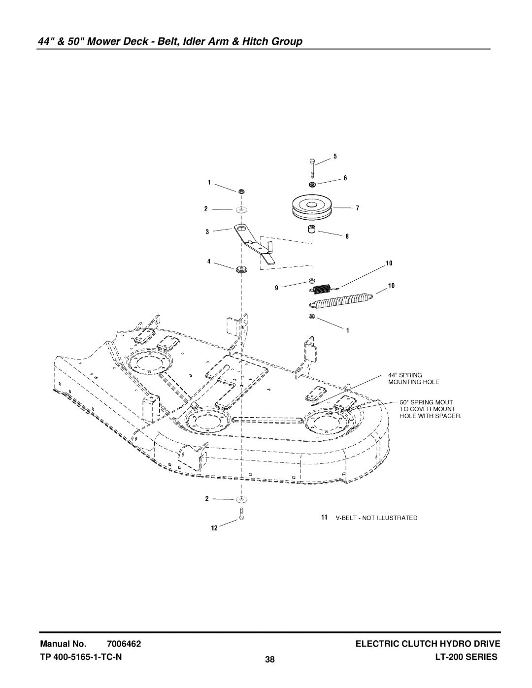 Snapper ELT18538, ELT2044, LT18538, LT18500, LT2042, LT2044, LT22500 44 & 50 Mower Deck Belt, Idler Arm & Hitch Group 