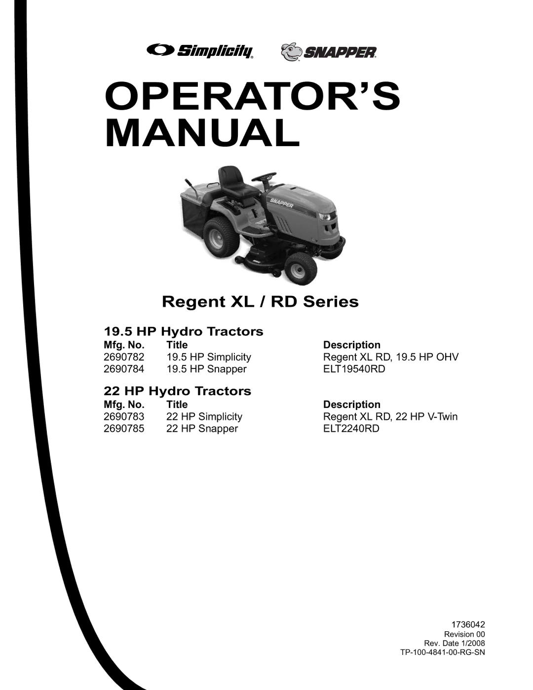 Snapper FLT19540RD, ELT2240RD, ELT19540RD manual HP Hydro Tractors, Mfg. No Title Description 