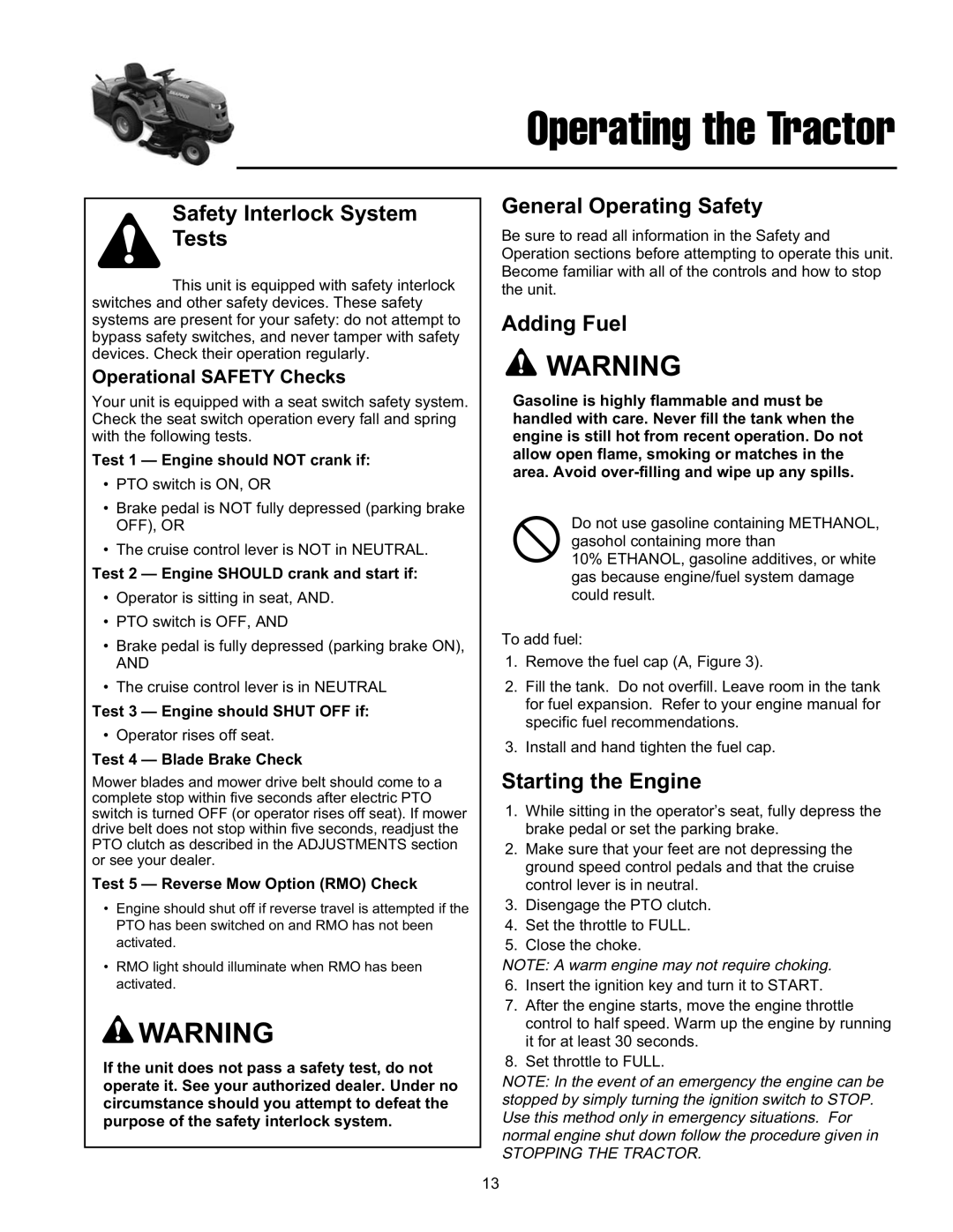 Snapper FLT19540RD, ELT2240RD Safety Interlock System Tests, General Operating Safety, Adding Fuel, Starting the Engine 