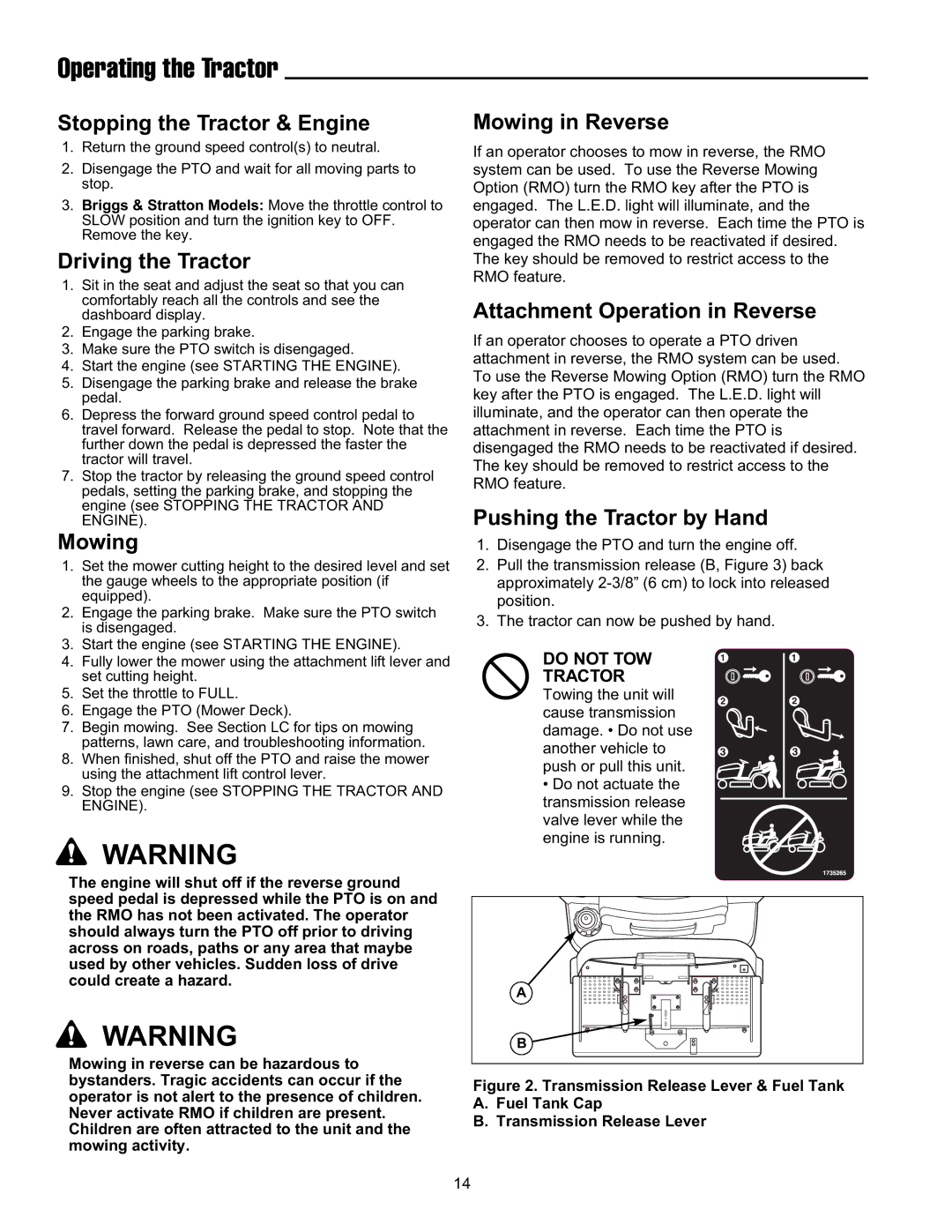 Snapper ELT19540RD, FLT19540RD, ELT2240RD manual Operating the Tractor 